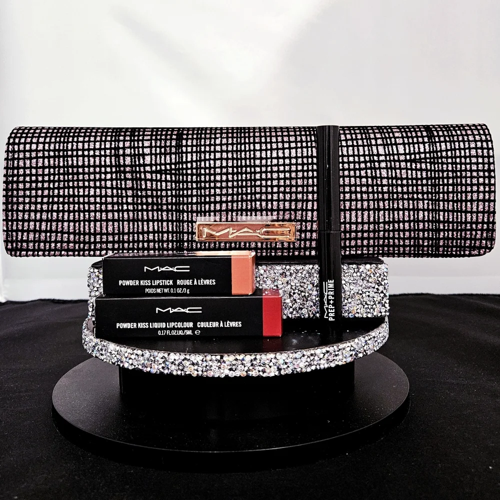 MAC 4 pc gift set! FASHION SWEETIE MULL IT OVER Lip Primer + glitter clutch NEW